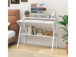 Costway Schreibtisch mit Monitorständer PC-Tisch mit Regal Weiß