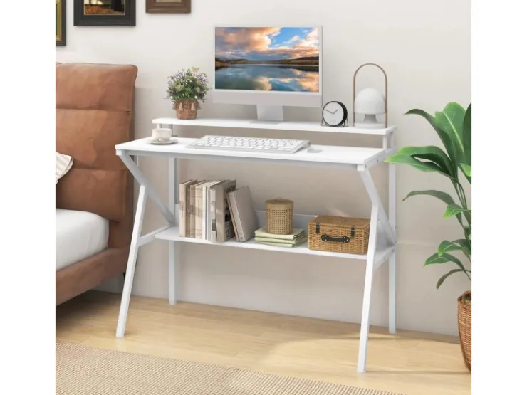 Costway Schreibtisch mit Monitorständer PC-Tisch mit Regal Weiß