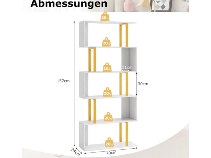 Costway Standregal mit 5 Ebenen S-förmig Büroregal Freistehend Weiß* Büroregale