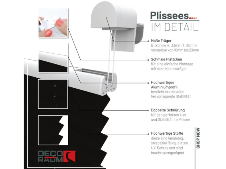 Deco-Raum Plissee Basic ohne Bohren 75x150cm Blickdicht Klemmfix