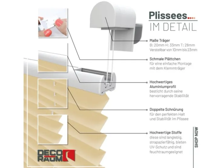 Deco-Raum Plissee Basic ohne Bohren 55x150cm Blickdicht Klemmfix* Plissees
