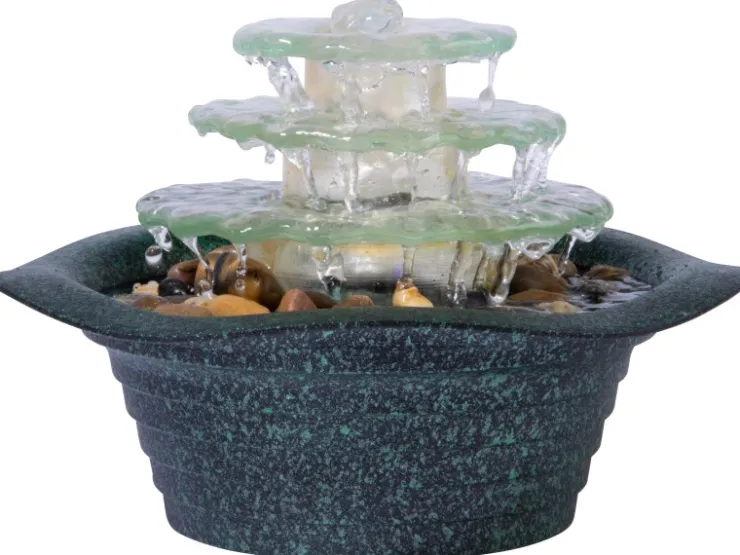 Dobar Zimmerbrunnen Kaskade Blüte dreistufig in Metallic-Optik mit Deko-Steinen* Zimmerbrunnen