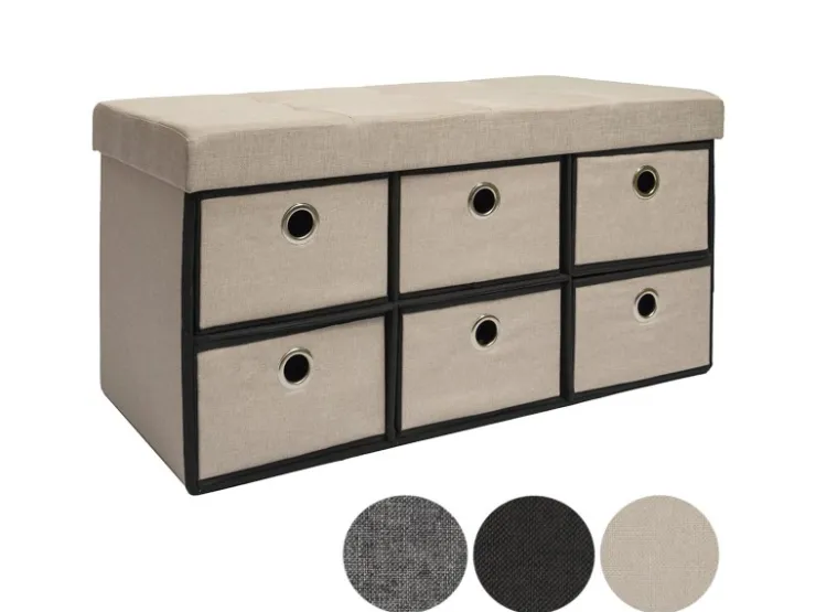 DuneDesign Sitzbank mit 80L Sitztruhe und 6 Schubladen 76 x 38 x 38 cm Beige