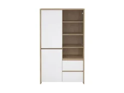 ebuy24 Next Vitrinenschrank 3 Türen 2 Schubladen 1 Ablage Eichen-Dekor Weiß Hochglanz* Vitrinen