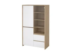 ebuy24 Next Vitrinenschrank 3 Türen 2 Schubladen 1 Ablage Eichen-Dekor Weiß Hochglanz* Vitrinen