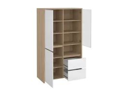 ebuy24 Next Vitrinenschrank 3 Türen 2 Schubladen 1 Ablage Eichen-Dekor Weiß Hochglanz* Vitrinen