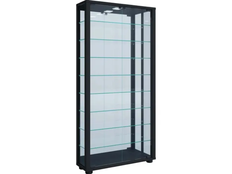 ebuy24 VitrosaMaxi Vitrinenschrank Wandhängend mit Spiegel 2 Glastüren Inkl LED-Leuchten Schwarz