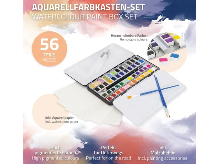 ECD Germany Aquarellfarben Set 48 Farben in Tragbarer Box Vollaquarell Palette* Bastelzubehör