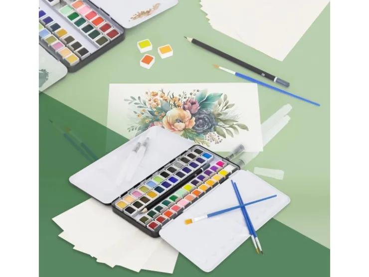 ECD Germany Aquarellfarben Set 48 Farben in Tragbarer Box Vollaquarell Palette* Bastelzubehör
