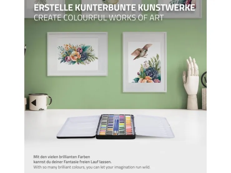 ECD Germany Aquarellfarben Set 48 Farben in Tragbarer Box Vollaquarell Palette* Bastelzubehör