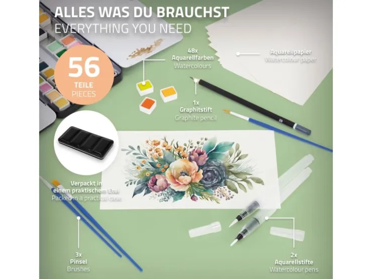 ECD Germany Aquarellfarben Set 48 Farben in Tragbarer Box Vollaquarell Palette* Bastelzubehör