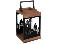 ECD Germany Holzlaterne 22cm Gartenlaterne mit Kerzenständer Henkel Stadt Muster* Laternen