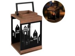 ECD Germany Holzlaterne 22cm Gartenlaterne mit Kerzenständer Henkel Stadt Muster* Laternen