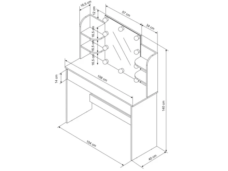 ECD Germany Schminktisch Set mit Hocker Spiegel LED-Beleuchtung 108x40x140 cm* Hocker
