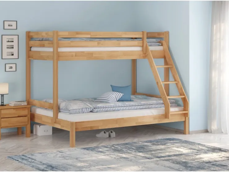 Erst-Holz Etagenbett Holzbett 3er-Bett Buche Massiv 90 + 140 x 200 cm Modell 14 ohne Zubehör* Klarlacke