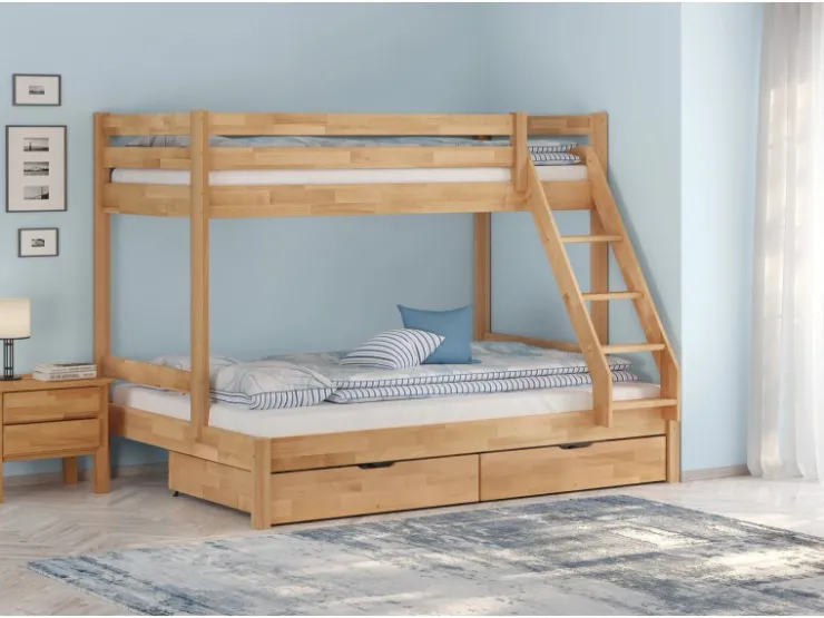 Erst-Holz Etagenbett Holzbett 3er-Bett Buche Massiv 90 + 140 x 200 cm Modell 14 ohne Zubehör* Klarlacke