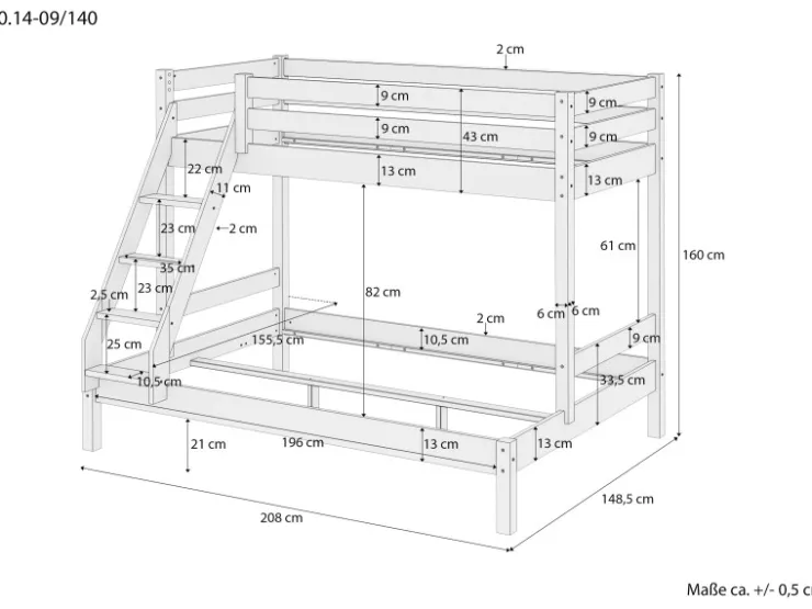 Erst-Holz Etagenbett Holzbett 3er-Bett Buche Massiv 90 + 140 x 200 cm Modell 14 ohne Zubehör* Klarlacke