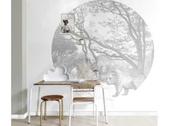 ESTAhome Selbstklebende Runde Tapete Wald Mit Waldtieren Grau Ø 140 cm 159083* Wandtattoos