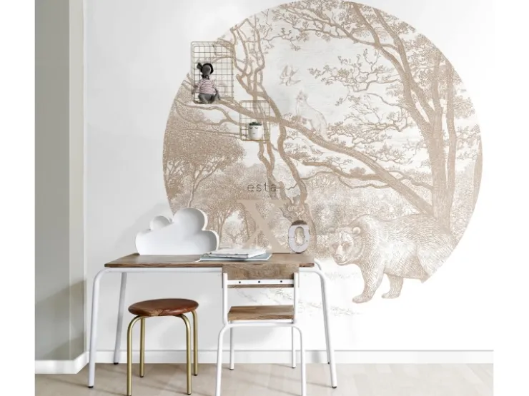 ESTAhome Selbstklebende Runde Tapete Wald Mit Waldtieren Beige Ø 140 cm 159085
