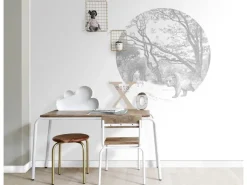 ESTAhome Selbstklebende Runde Tapete Wald Mit Waldtieren Grau Ø 70 cm 159070