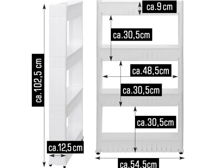 eyepower 4er Nischenwagen mit Regalen und Rollen 12,5 cm Weiß