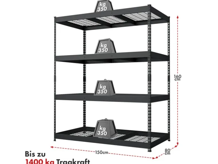 Floordirekt Schwerlastregal Yukon Rivet 4 Böden 160 x 150 x 80 cm* Metallregale|Regale Schwarz