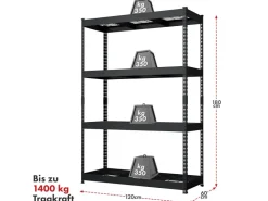Floordirekt Schwerlastregal Yukon Rivet 4 Böden 180 x 120 x 60 cm* Metallregale|Regale Schwarz