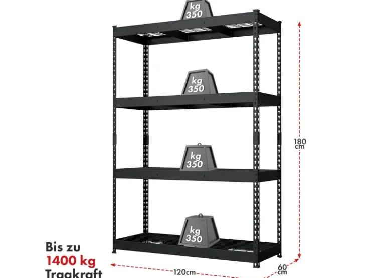 Floordirekt Schwerlastregal Yukon Rivet 4 Böden 180 x 120 x 60 cm* Metallregale|Regale Schwarz