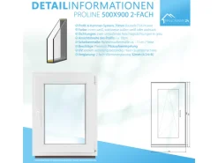 Framelux Kunststofffenster Proline 2-Fach Verglasung 500 x 900 mm Rechtsanschlag