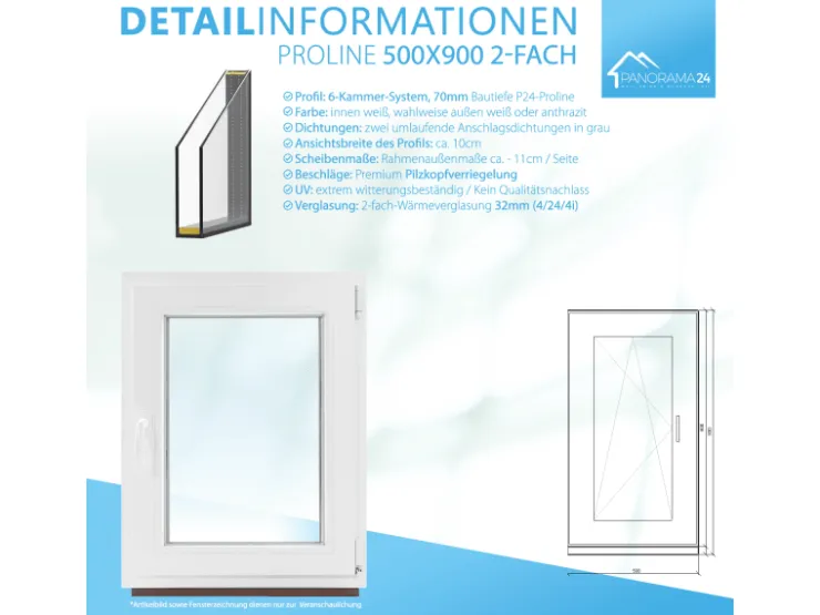 Framelux Kunststofffenster Proline 2-Fach Verglasung 500 x 900 mm Rechtsanschlag