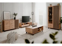 Furn.Design Vitrine Eiche Artisan und Grau 92 cm 3D Lamelle Industrial Madem* Vitrinen