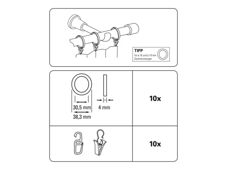 Gardinia Gardinenringe Europa für Ø 19 mm 10-er Pack