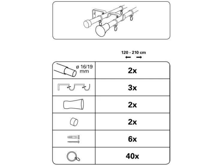 Gardinia Gardinenstangen-Set Konus mit Innenlauf II Ø 16/19 mm 120 cm - 210 cm* Seilspanngarnituren