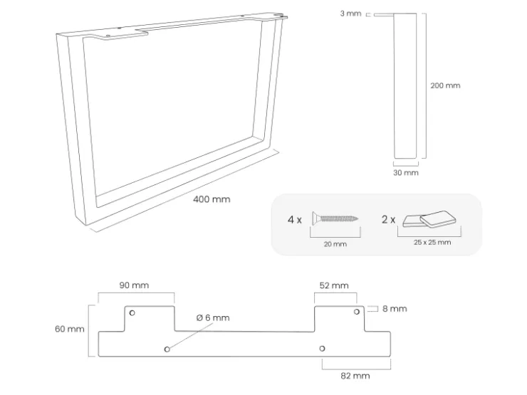HEVVA Möbelfüße GRAZ 20 cm Hoch 40 cm Tief 2er Set Rohstahl-Klarlack