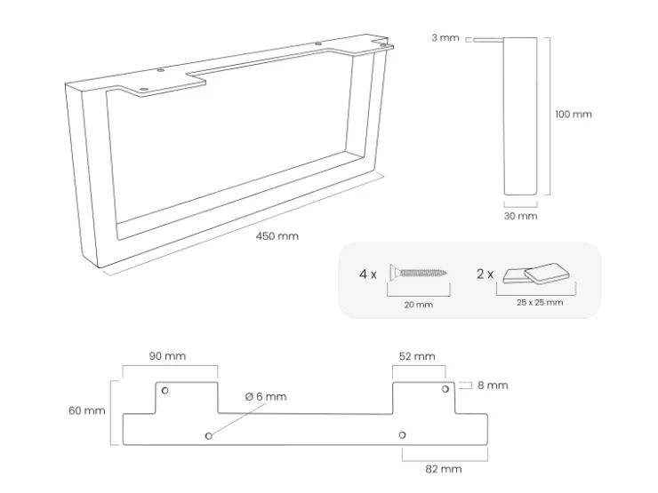 HEVVA Möbelfüße GRAZ 10 cm Hoch 45 cm Tief 2er Set Rohstahl-Klarlack* Klarlacke