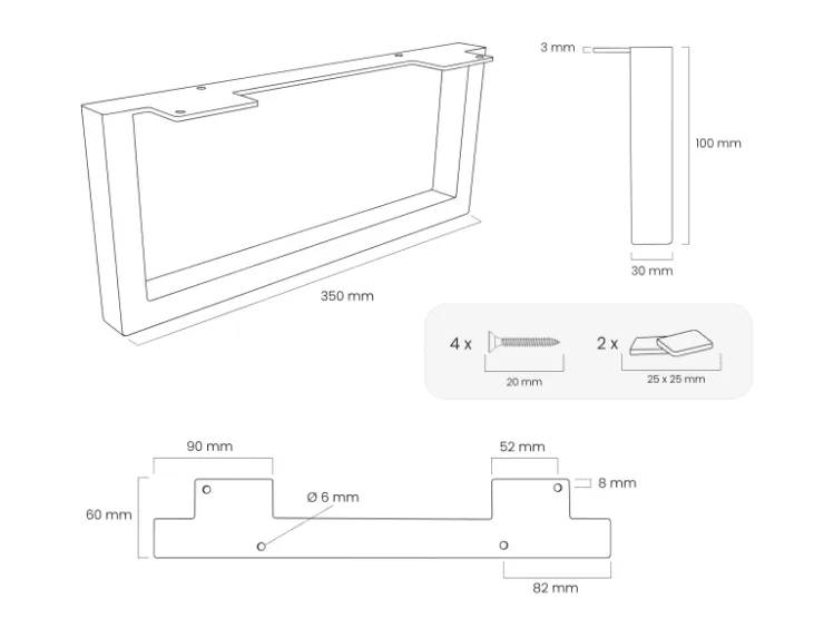 HEVVA Möbelfüße GRAZ 10 cm Hoch 35 cm Tief 2er Set Rohstahl-Klarlack* Klarlacke