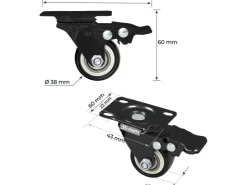 HMF 6710 Schwerlastrollen Bremse Polyurethan 4 Stück 38 mm bis 300 kg Schwarz
