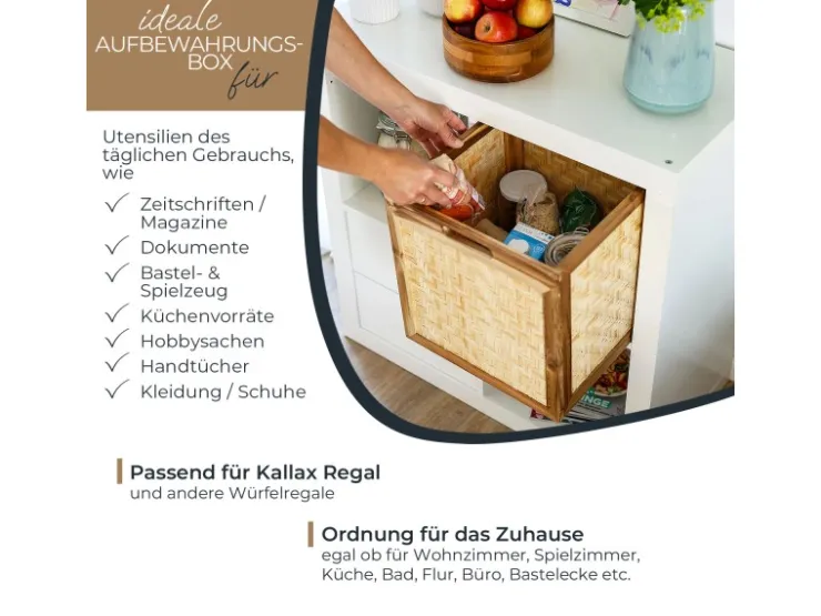 HMF Aufbewahrungskorb Kallax Regale Korb Rattan Wiener Geflecht und Akazienholz Muster 1 32 x 34 x 32 cm* Aufbewahrung
