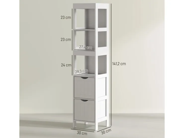HOMCOM Badezimmerschrank Spanplatte MDF Weiß 30L x 30B x 141,2H cm* Regal Weiß|Schränke