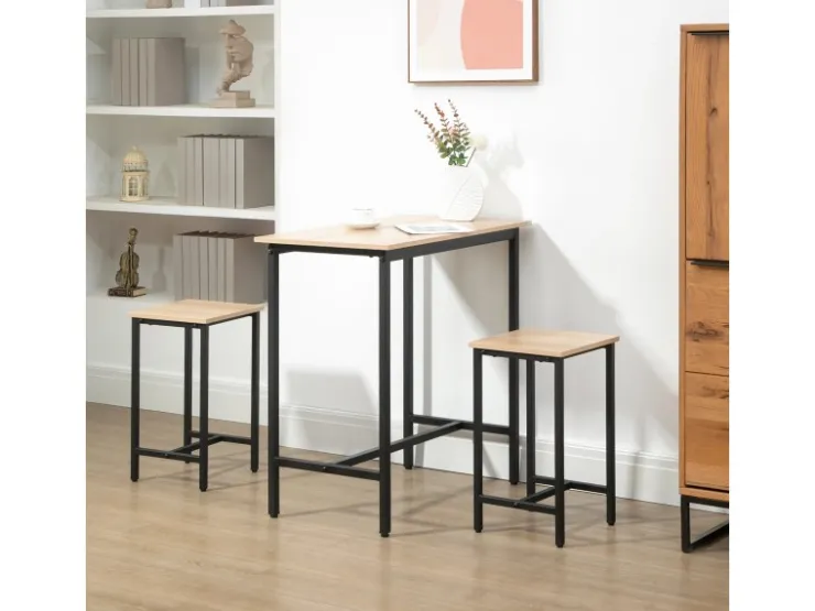 HOMCOM Bartisch mit 2 Stühlen Industrie-Design Naturholz Schwarz 80 x 50 x 85 cm
