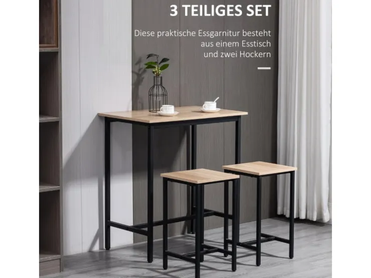HOMCOM Bartisch mit 2 Stühlen Industrie-Design Naturholz Schwarz 80 x 50 x 85 cm