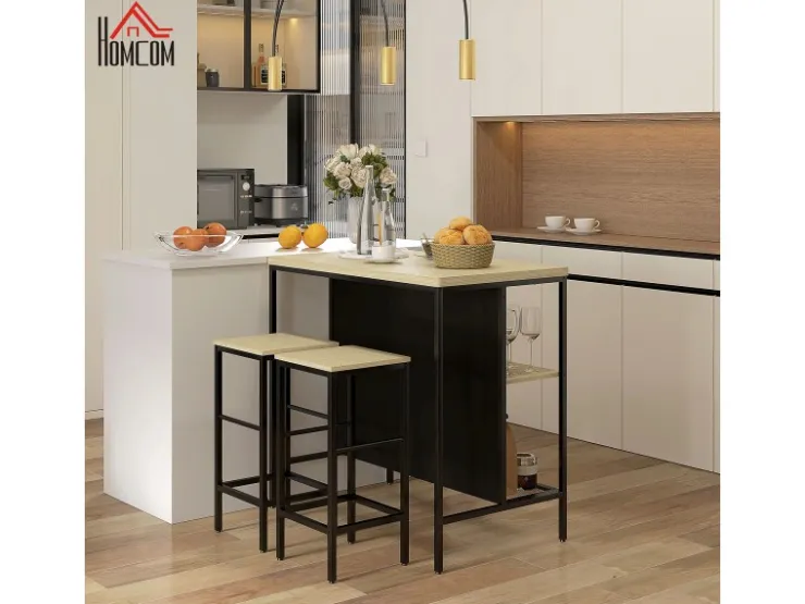 HOMCOM Bartisch mit Barhocker Set 3-tlg. im Modern-Stil Stahl Eiche* Möbelserien