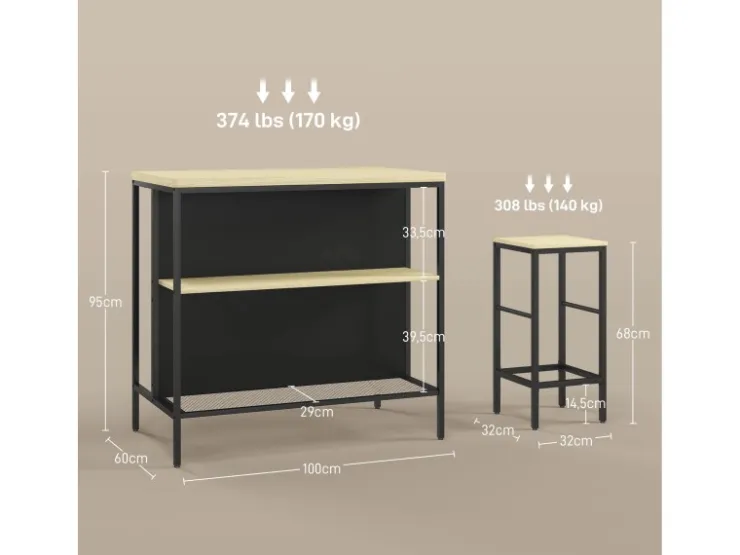 HOMCOM Bartisch mit Barhocker Set 3-tlg. im Modern-Stil Stahl Eiche* Möbelserien