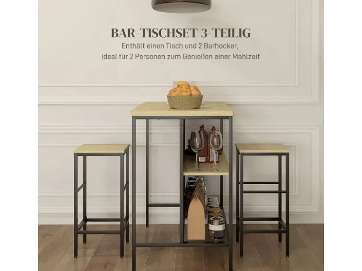 HOMCOM Bartisch mit Barhocker Set 3-tlg. im Modern-Stil Stahl Eiche* Möbelserien