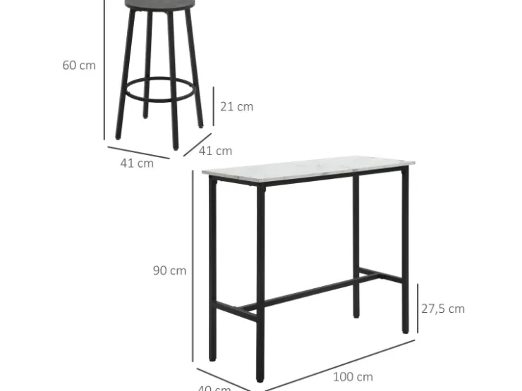 HOMCOM Bartisch mit Barhocker Set 3-Teilig Stahl Weiß Schwarz