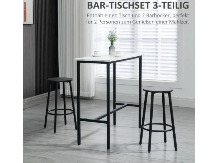 HOMCOM Bartisch mit Barhocker Set 3-Teilig Stahl Weiß Schwarz