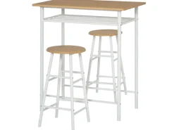 HOMCOM Bartisch Set 3-Teilig mit Lagerregal MDF-Platte Weiß Eiche 80 x 50 x 90 cm* Hocker