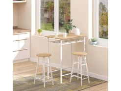 HOMCOM Bartisch Set 3-Teilig mit Lagerregal MDF-Platte Weiß Eiche 80 x 50 x 90 cm* Hocker