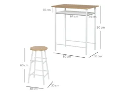 HOMCOM Bartisch Set 3-Teilig mit Lagerregal MDF-Platte Weiß Eiche 80 x 50 x 90 cm* Hocker