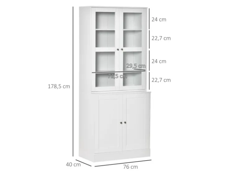 HOMCOM Bücherschrank 178,5 cm mit Glastür 6 Fächern Küchenschrank Weiß